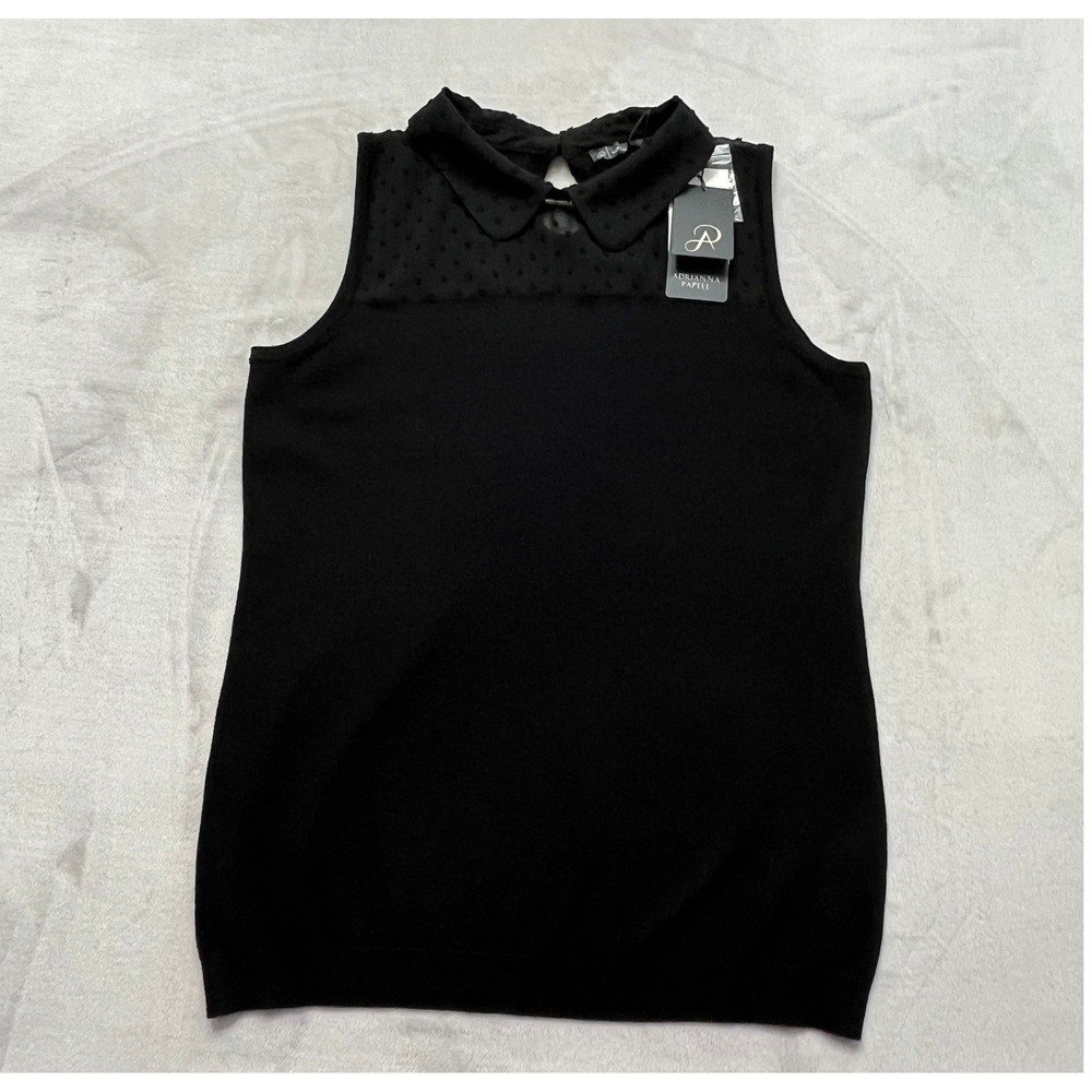 Adrianna Papell Knit Top Women XS Black Swiss Dot Mesh Collar Preppy Office NWT